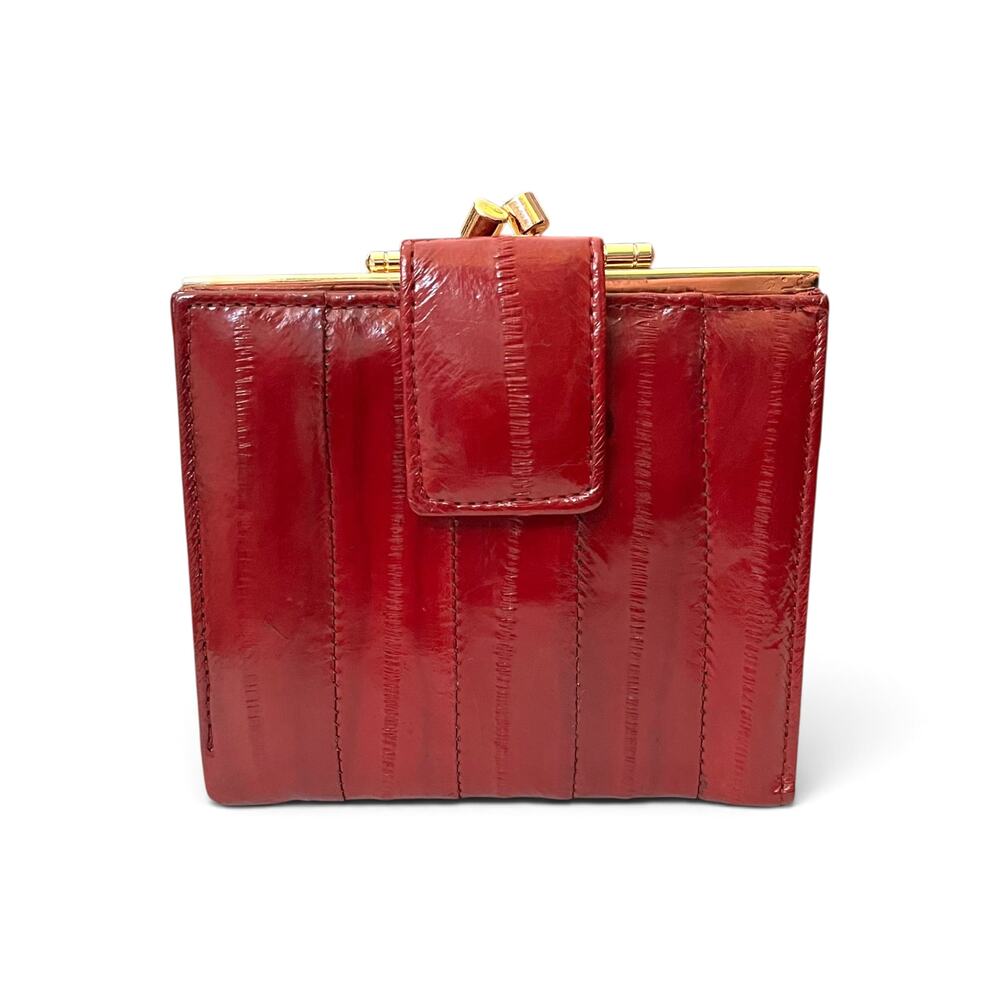 Vintage Eel Skin Burgundy Red Compact Kisslock Frame Wallet